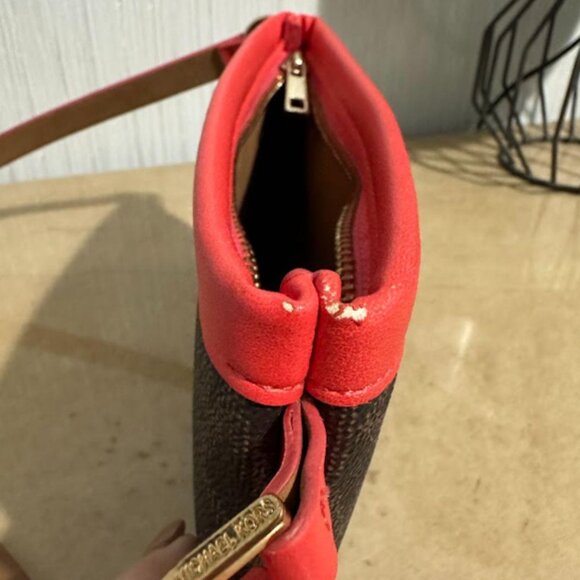 Michael Kors Brown Monogram Canvas Crossbody Bag with Red Leather Trim - Picture 7 of 8